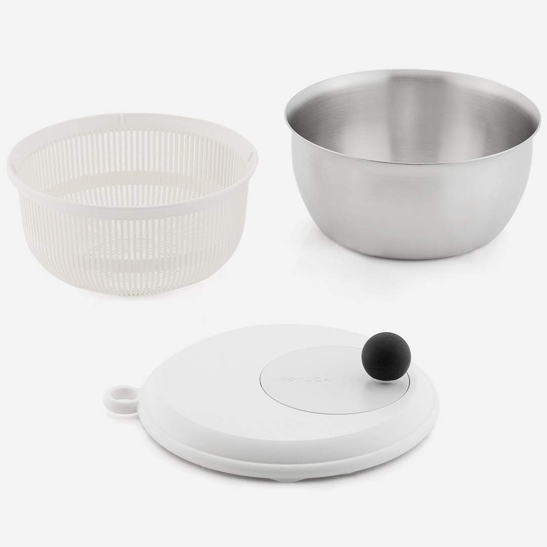 日本製 KEYUCA 18-8不鏽鋼 4種用法 手轉式 沙拉攪拌器 蔬果脫水器 料理缽 沙拉缽 冷麵 耐熱