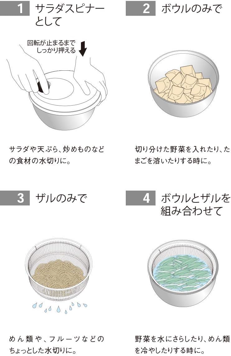 日本製 KEYUCA 18-8不鏽鋼 4種用法 手轉式 沙拉攪拌器 蔬果脫水器 料理缽 沙拉缽 冷麵 耐熱