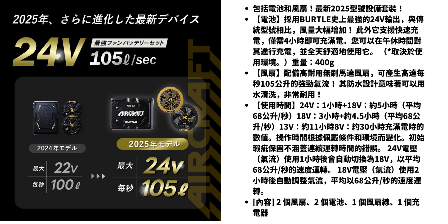 BURTLE fan and battery set 2025 mode 日本 2025年 l 空調服專用 作業服 工作服