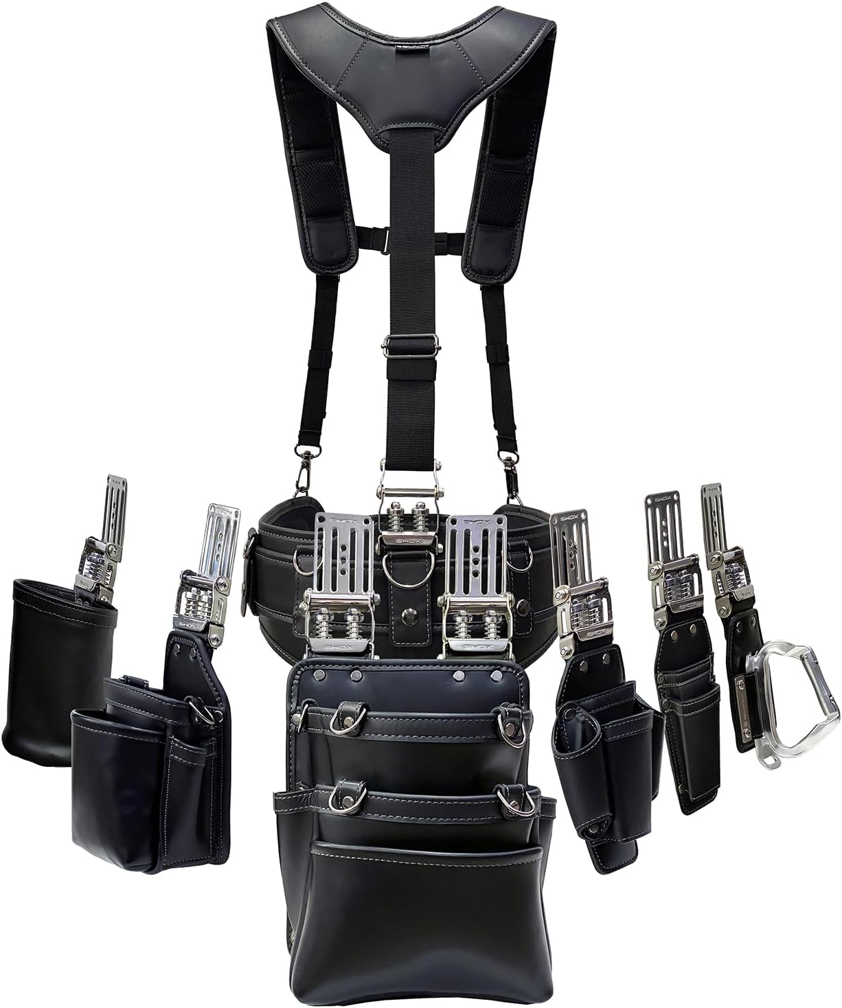 SHOX 牛真皮制腰具 8件套 SILVER SHOX构造(减震弹簧)减轻步行时的振动 工具支架高度可调节