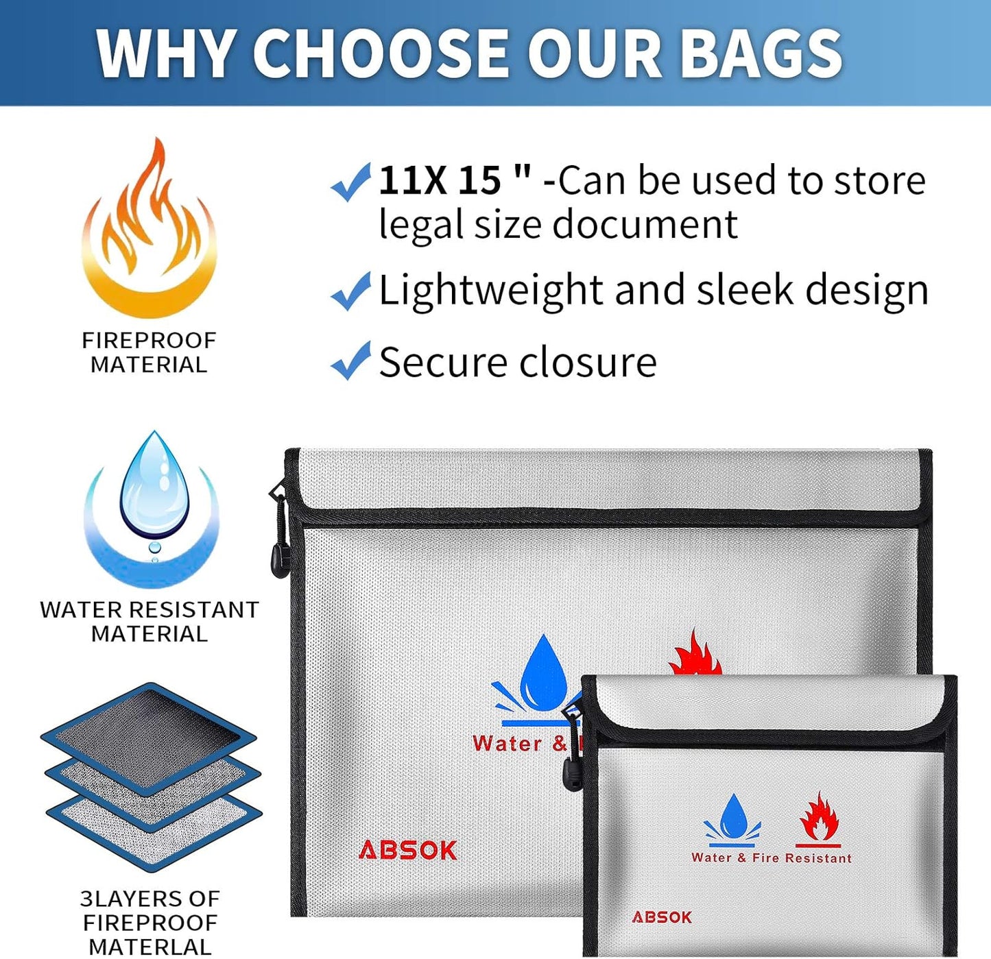 Japanese original ABSOK fireproof portable safe folder heat-resistant 2093 degrees home cash important document safe storage bag